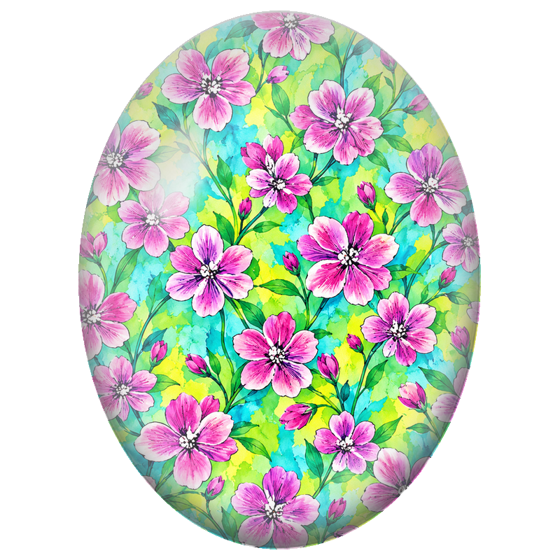Cabochon en Verre Illustré Fleurs Roses sur Fond Vert et Turquoise 13x18, 18x25 ou 30x40mm