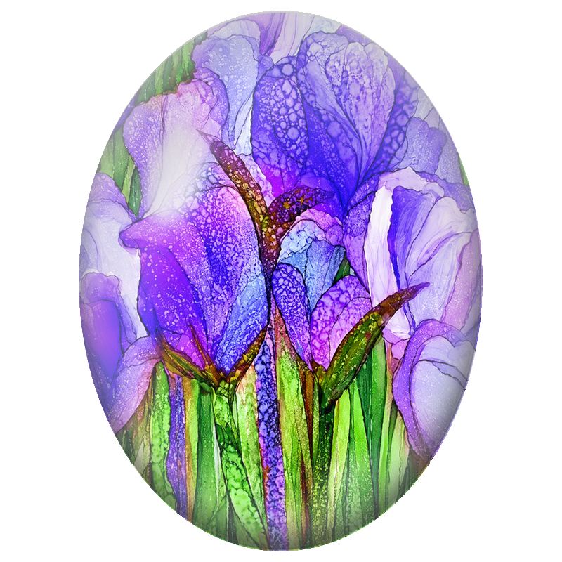 Cabochon en Verre Illustré Iris Violets en Gros Plan 13x18, 18x25 ou 30x40mm