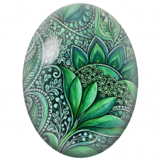 Cabochon en Verre Illustré Fleur Verte aux Arabesques Végétales 13x18, 18x25 ou 30x40mm - Pour la Création de Bijoux Fantaisie