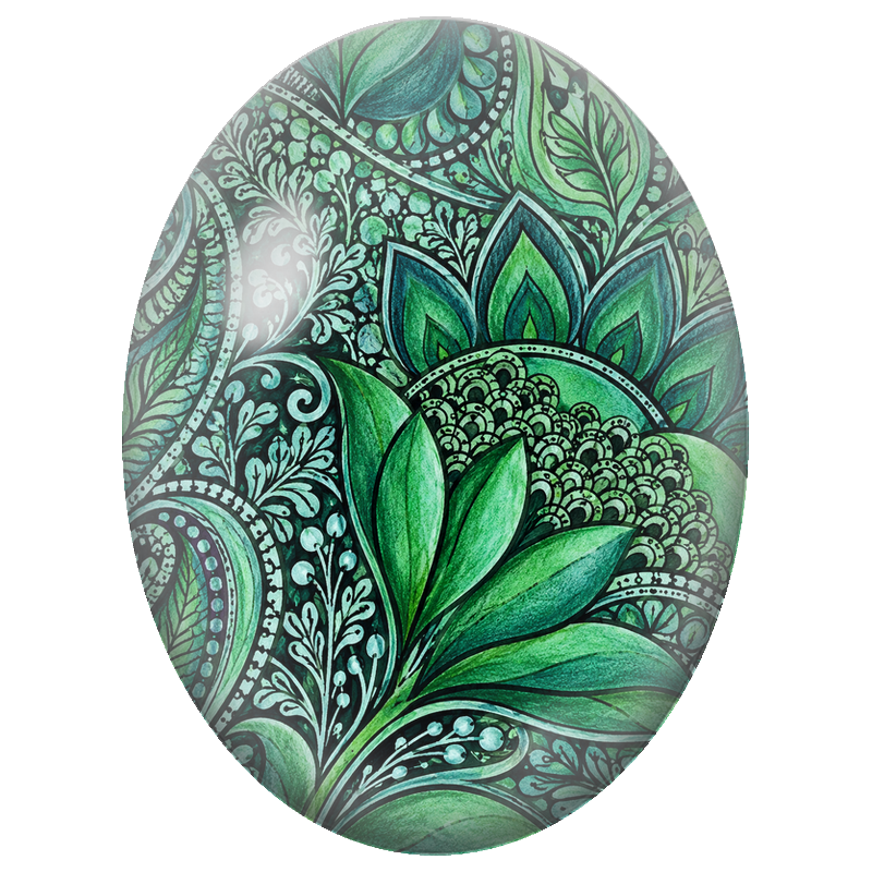 Cabochon en Verre Illustré Fleur Verte aux Arabesques Végétales 13x18, 18x25 ou 30x40mm