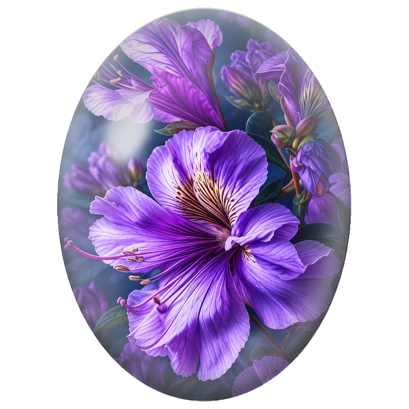 Cabochon en Verre Illustré Fleurs Violettes aux Longues Étamines 13x18, 18x25 ou 30x40mm