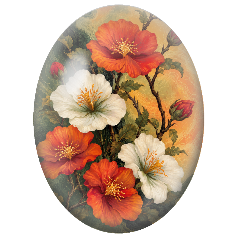 Cabochon en Verre Illustré Fleurs Orange et Blanches sur Fond Doré 13x18, 18x25 ou 30x40mm