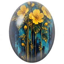 Cabochon en Verre Illustré Fleurs Dorées sur Fond Bleu Patiné 13x18, 18x25 ou 30x40mm - Pour la Création de Bijoux Fantaisie