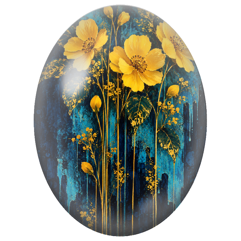 Cabochon en Verre Illustré Fleurs Dorées sur Fond Bleu Patiné 13x18, 18x25 ou 30x40mm