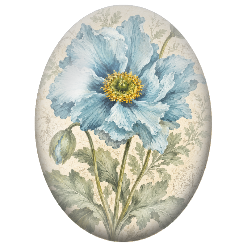 Cabochon en Verre Illustré Grand Coquelicot Bleu Vintage 13x18, 18x25 ou 30x40mm