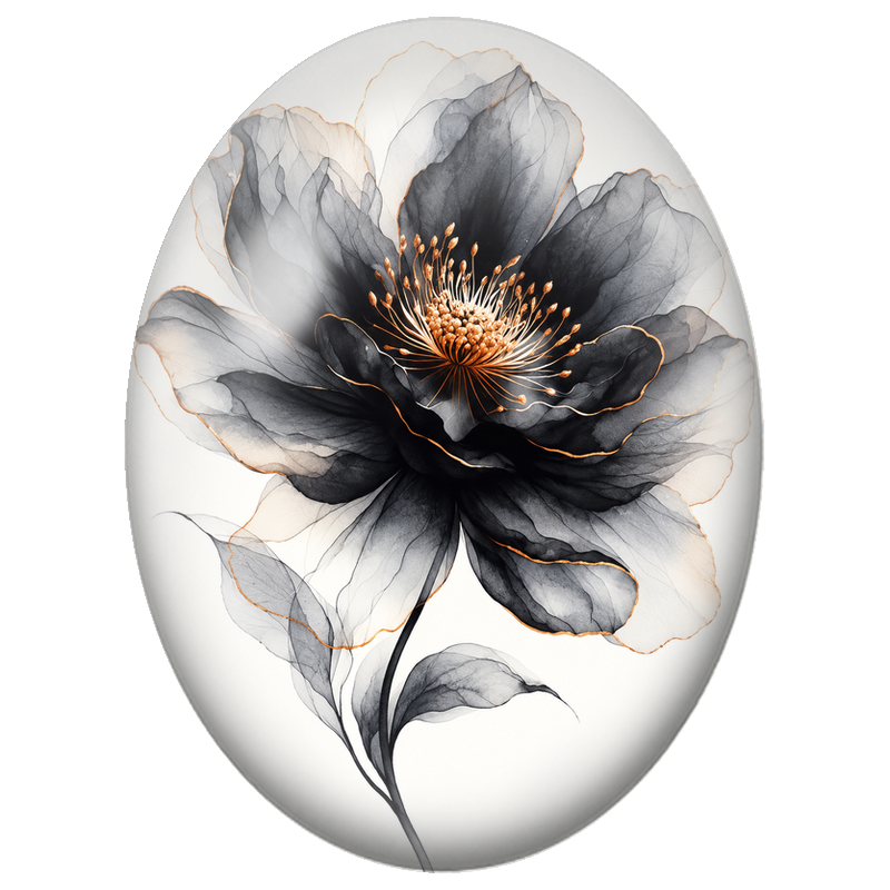 Cabochon en Verre Illustré Grande Fleur Noire Bordée d’Or 13x18, 18x25 ou 30x40mm