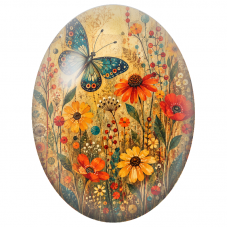 Cabochon en Verre Illustré Papillons Bleus et Orange dans un Jardin 13x18, 18x25 ou 30x40mm - Pour la Création de Bijoux