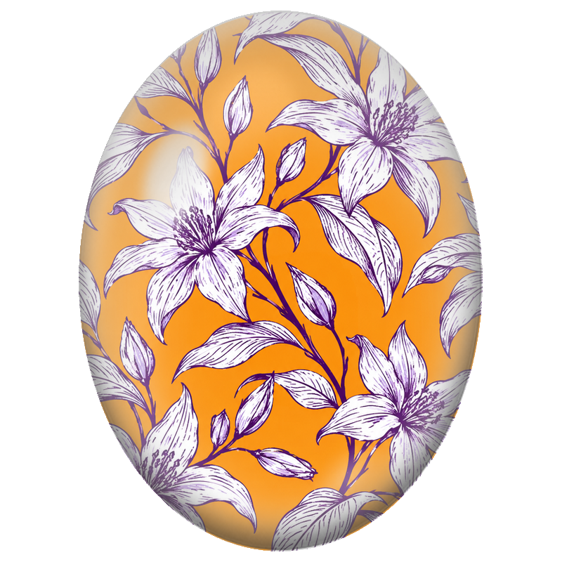 Cabochon en Verre Illustré Lys Blancs Dessinés sur Fond Orange 13x18, 18x25 ou 30x40mm