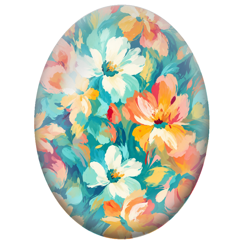 Cabochon en Verre Illustré Fleurs Pastel sur Fond Turquoise 13x18, 18x25 ou 30x40mm