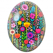 Cabochon en Verre Illustré Jardin Fantaisie Multicolore sur Fond Noir 13x18, 18x25 ou 30x40mm - Pour la Création de Bijoux