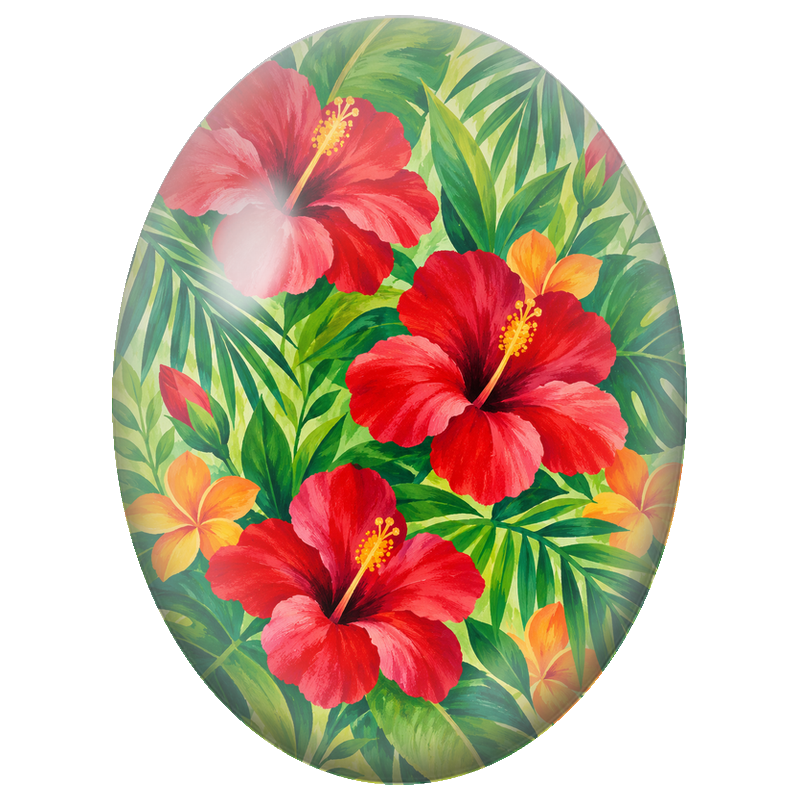 Cabochon en Verre Illustré Hibiscus Rouges et Feuillage Tropical 13x18, 18x25 ou 30x40mm