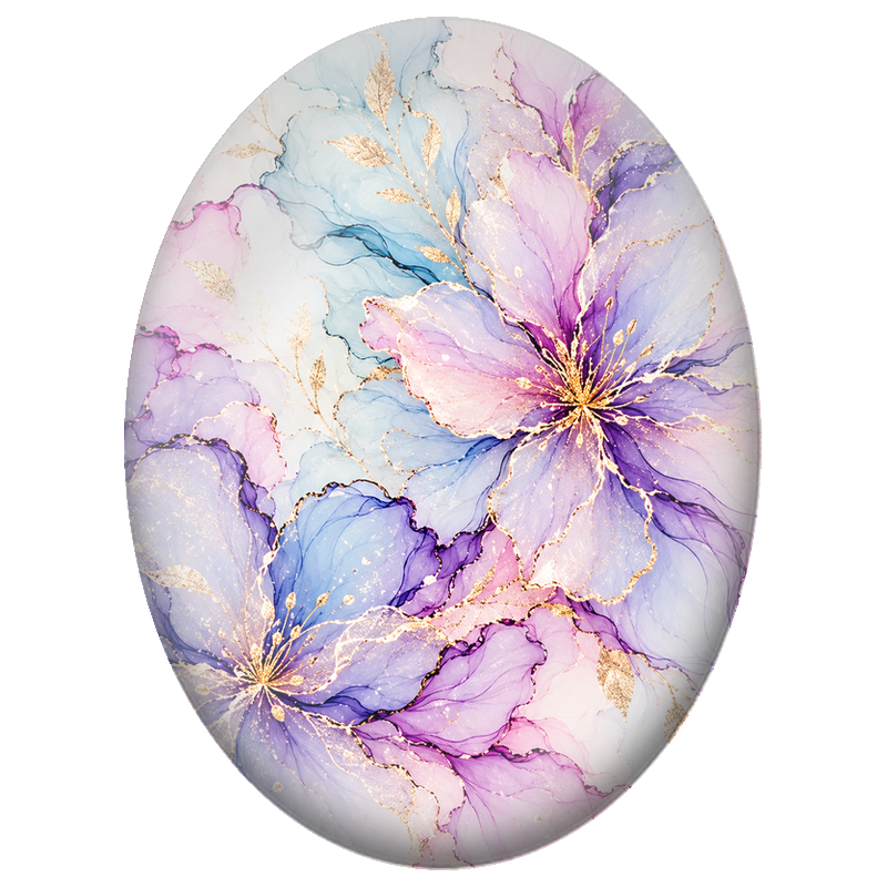 Cabochon en Verre Illustré Fleurs Mauves et Bleues aux Reflets Dorés 13x18, 18x25 ou 30x40mm