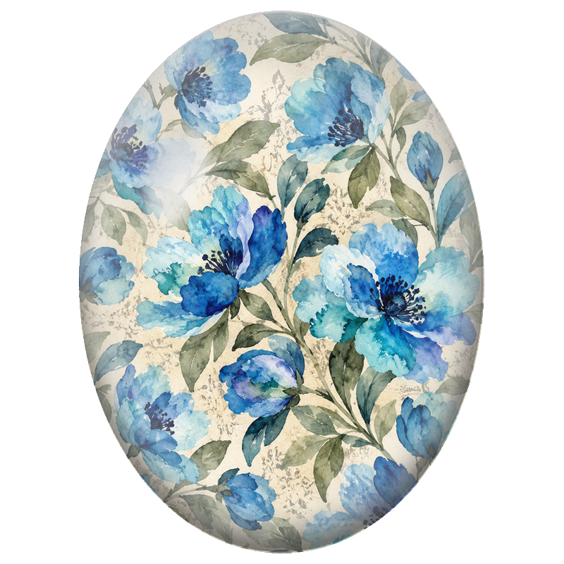 Cabochon en Verre Illustré Fleurs Bleues à l’Aquarelle Vintage 13x18, 18x25 ou 30x40mm