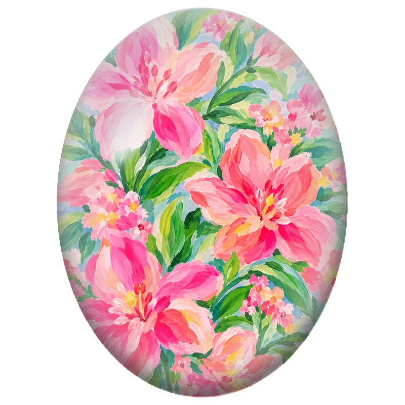 Cabochon en Verre Illustré Fleurs Roses Peintes et Feuillage Vert 13x18, 18x25 ou 30x40mm