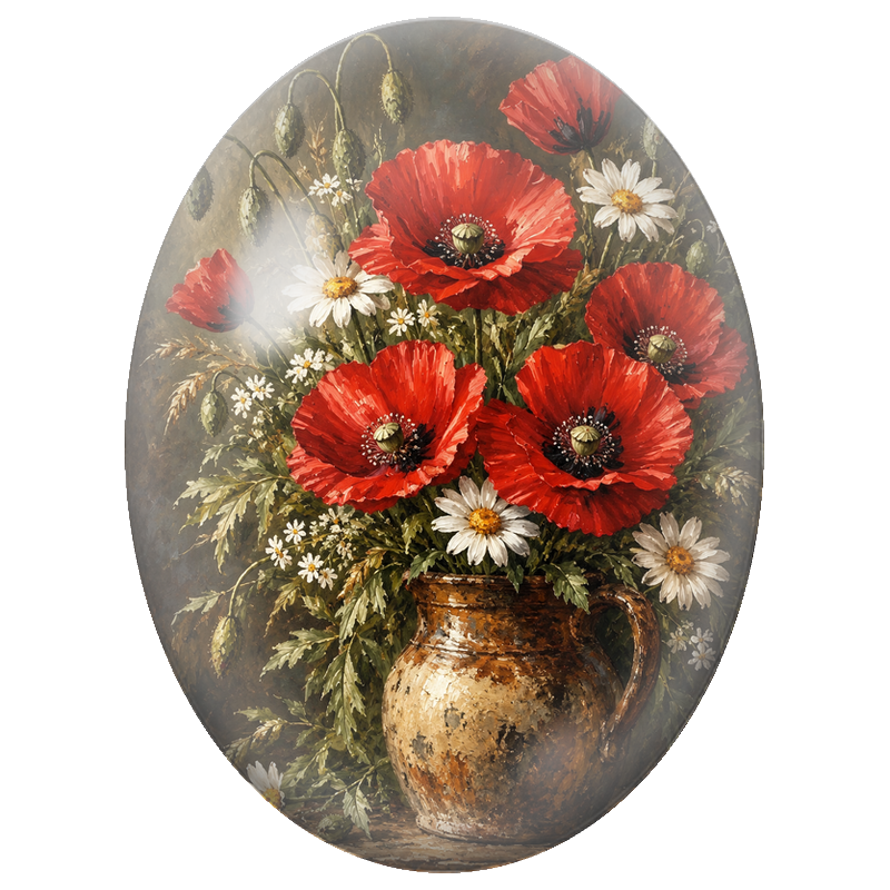 Cabochon en Verre Illustré Coquelicots Rouges et Marguerites en Pot 13x18, 18x25 ou 30x40mm