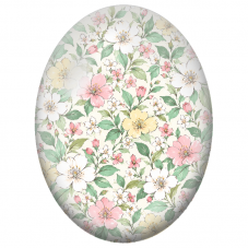 Cabochon en Verre Illustré Fleurs Pastel et Feuillage Vert Tendre 13x18, 18x25 ou 30x40mm - Pour la Création de Bijoux Fantaisie