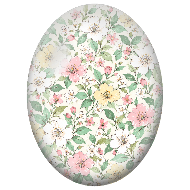 Cabochon en Verre Illustré Fleurs Pastel et Feuillage Vert Tendre 13x18, 18x25 ou 30x40mm