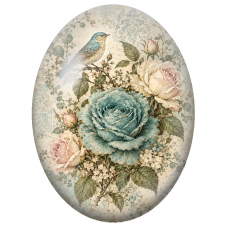 Cabochon en Verre Illustré Oiseau Bleu parmi les Roses Anciennes 13x18, 18x25 ou 30x40mm - Pour la Création de Bijoux Fantaisie