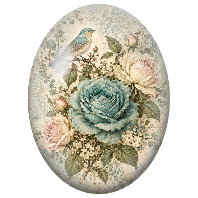 Cabochon en Verre Illustré Oiseau Bleu parmi les Roses Anciennes 13x18, 18x25 ou 30x40mm
