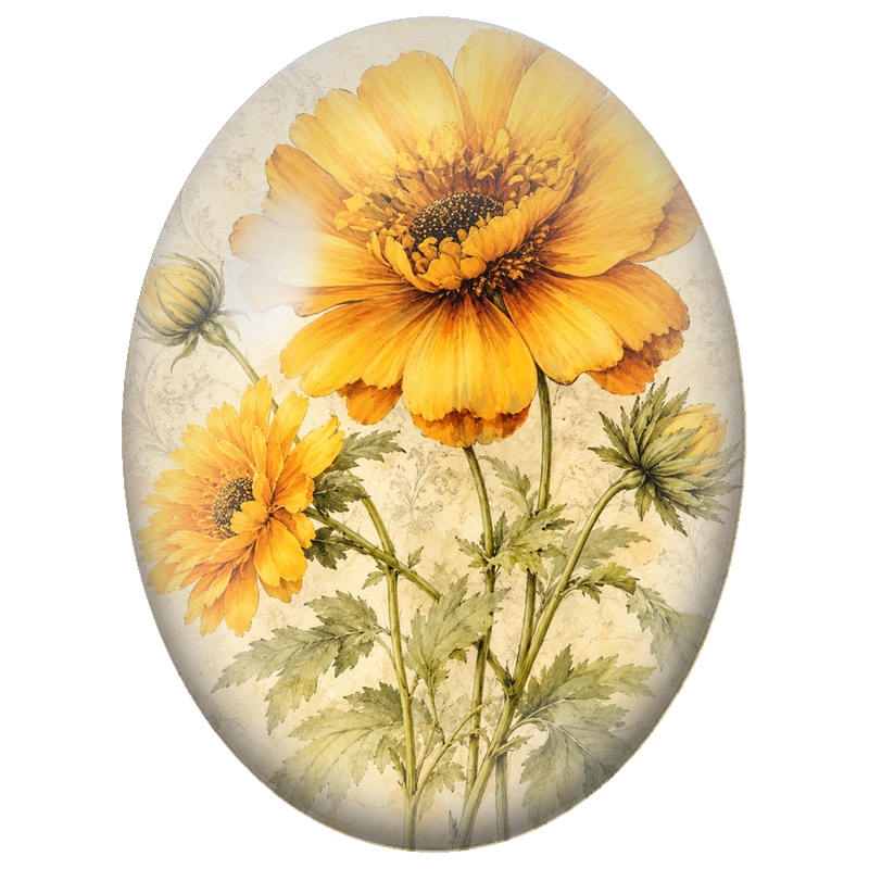 Cabochon en Verre Illustré Fleurs Jaunes sur Fond Ancien 13x18, 18x25 ou 30x40mm