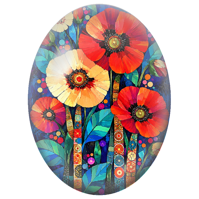 Cabochon en Verre Illustré Fleurs Mosaïque Multicolores 13x18, 18x25 ou 30x40mm