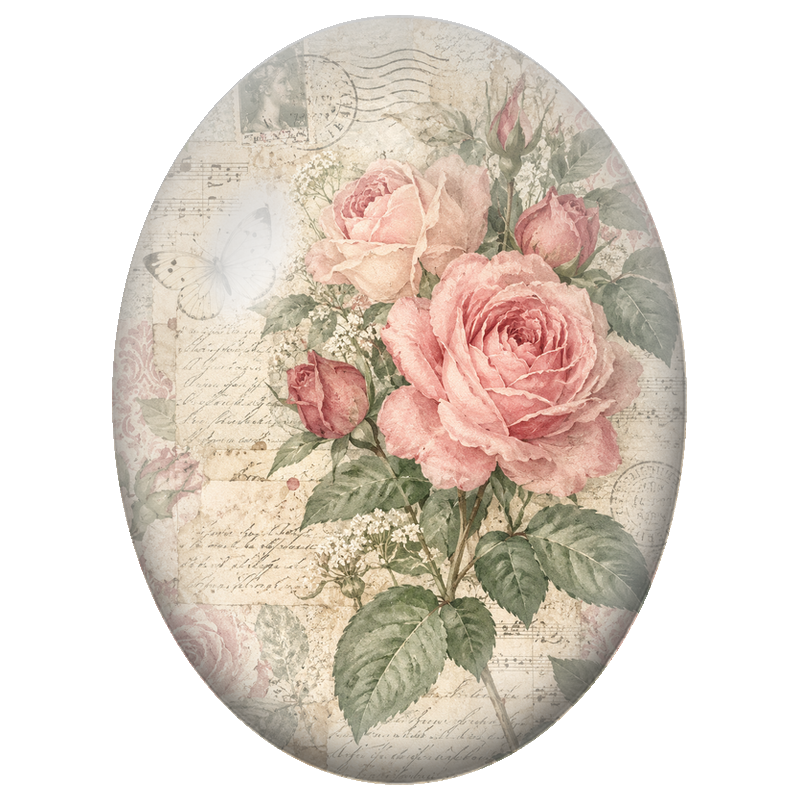 Cabochon en Verre Illustré Roses Roses et Papillon sur Papier Ancien 13x18, 18x25 ou 30x40mm