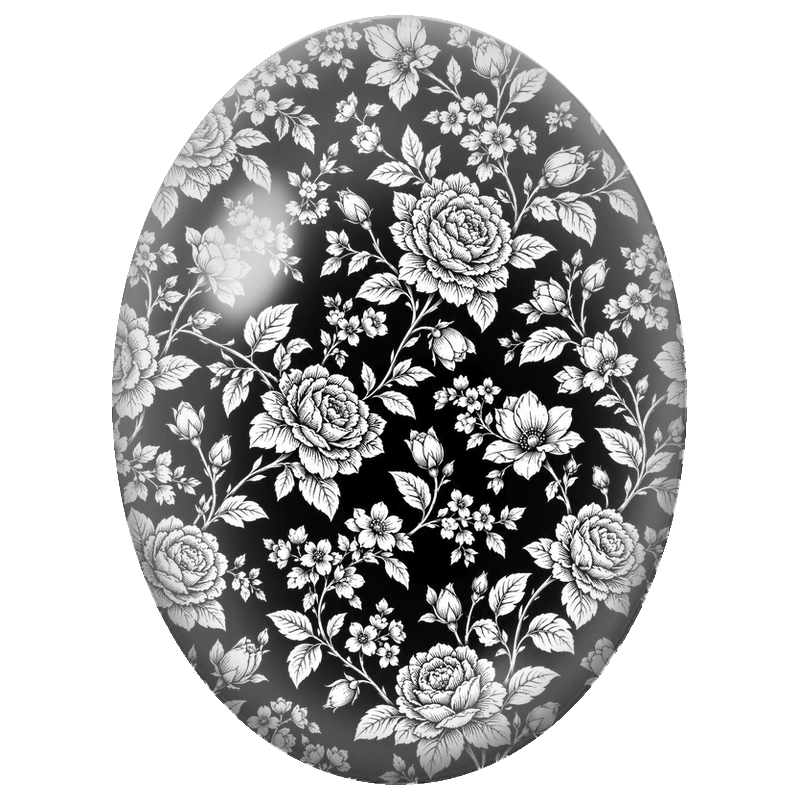 Cabochon en Verre Illustré Roses Blanches Gravées sur Fond Noir 13x18, 18x25 ou 30x40mm