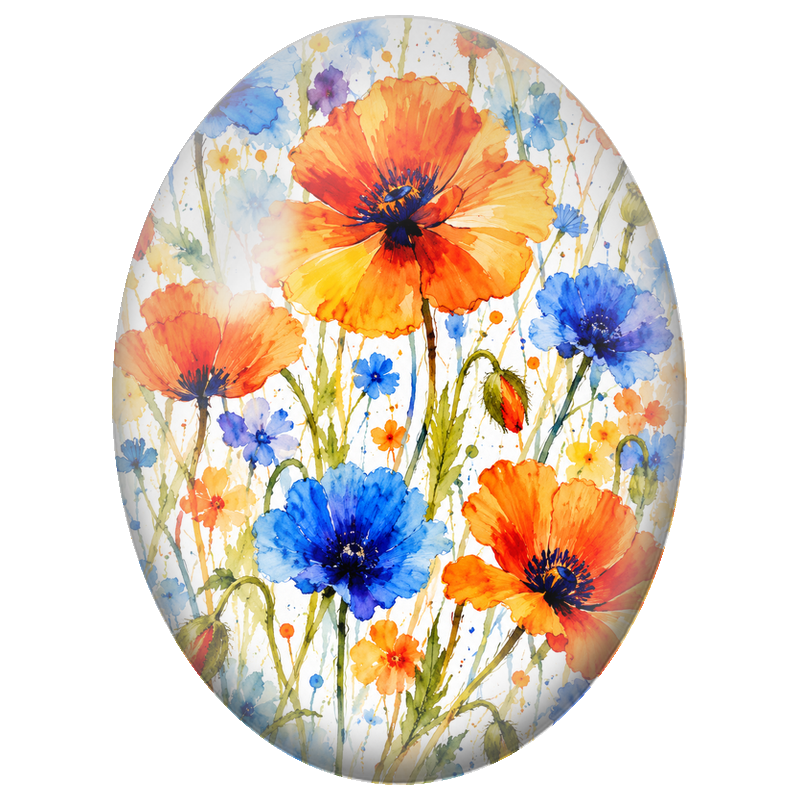 Cabochon en Verre Illustré Coquelicots Orange et Fleurs Bleues 13x18, 18x25 ou 30x40mm