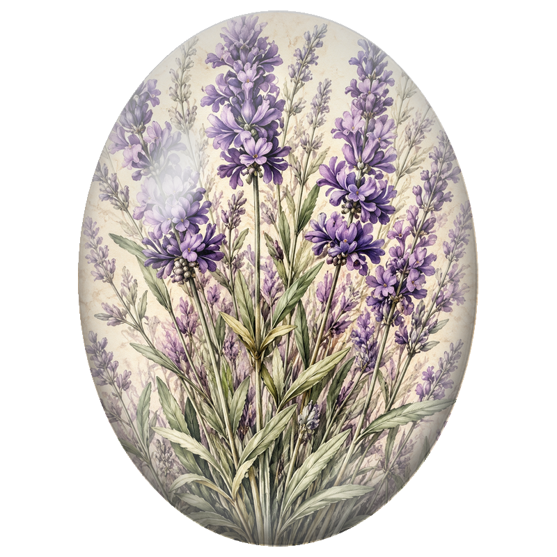 Cabochon en Verre Illustré Lavande Violette sur Fond Ancien 13x18, 18x25 ou 30x40mm
