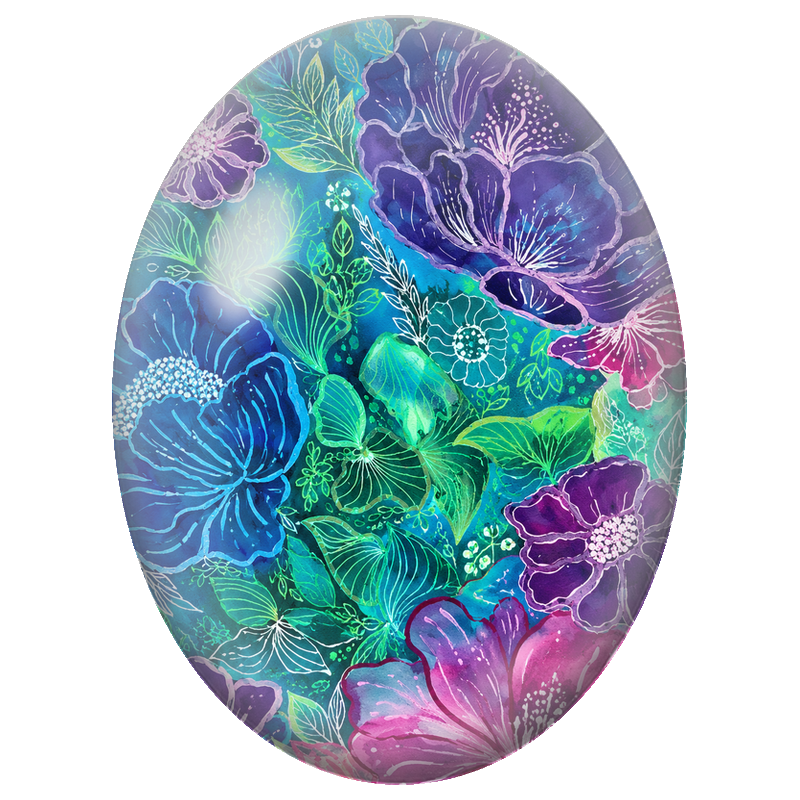 Cabochon en Verre Illustré Fleurs Bleues et Violettes Lumineuses 13x18, 18x25 ou 30x40mm