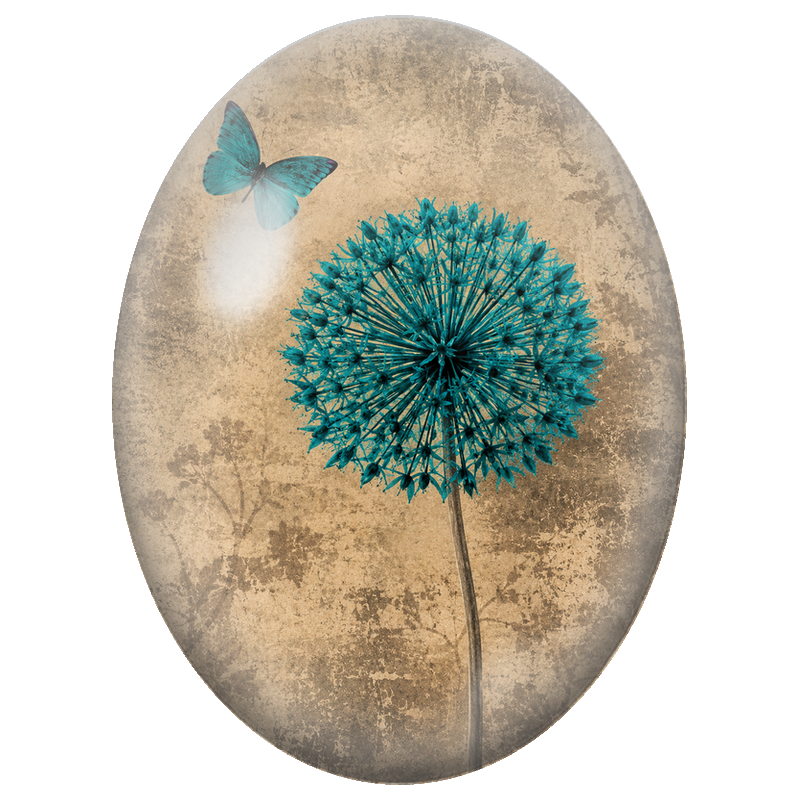 Cabochon en Verre Illustré Fleur d’Ail Turquoise et Papillon 13x18, 18x25 ou 30x40mm