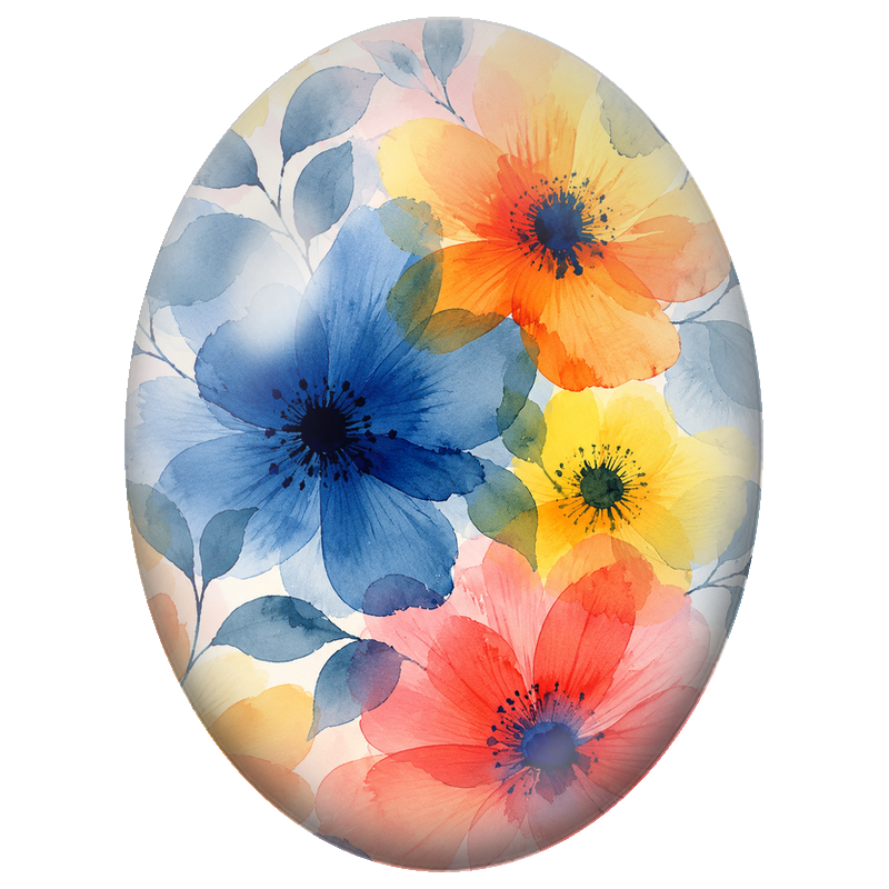 Cabochon en Verre Illustré Fleurs Bleues Orange et Corail à l’Aquarelle 13x18, 18x25 ou 30x40mm
