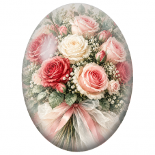 Cabochon en Verre Illustré Bouquet de Roses au Ruban Rose 13x18, 18x25 ou 30x40mm - Pour la Création de Bijoux Fantaisie - DIY
