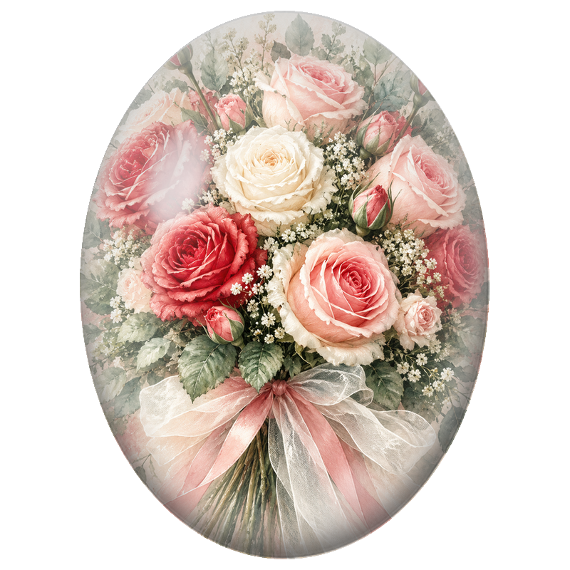 Cabochon en Verre Illustré Bouquet de Roses au Ruban Rose 13x18, 18x25 ou 30x40mm