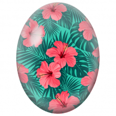 Cabochon en Verre Illustré Hibiscus Roses et Feuillage Vert Sombre 13x18, 18x25 ou 30x40mm - Pour la Création de Bijoux