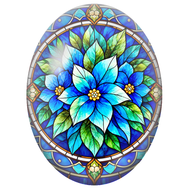 Cabochon en Verre Illustré Fleurs Bleues en Vitrail 13x18, 18x25 ou 30x40mm