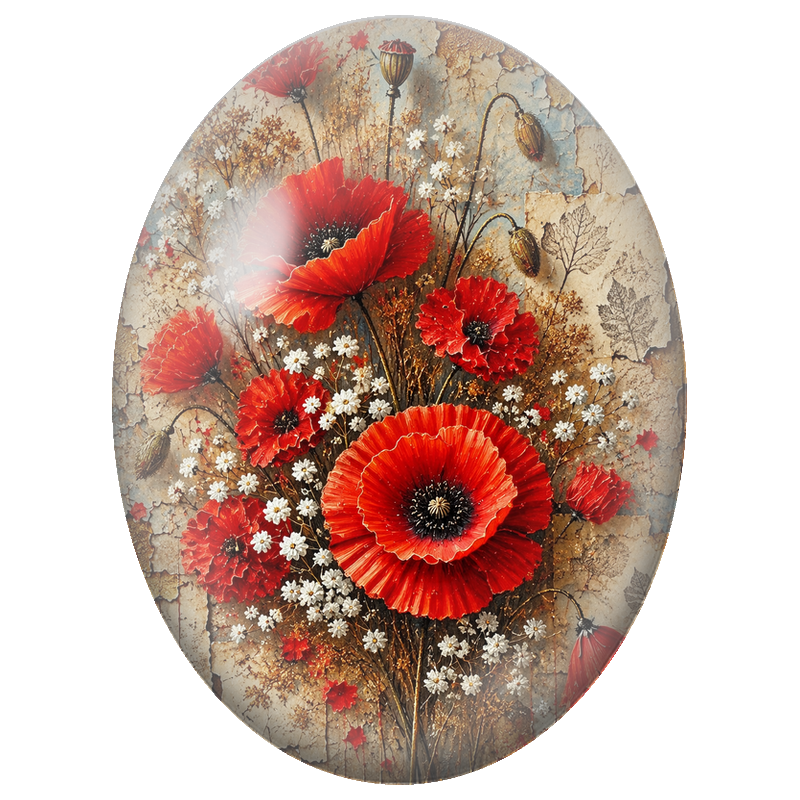Cabochon en Verre Illustré Coquelicots Rouges sur Mur Ancien 13x18, 18x25 ou 30x40mm