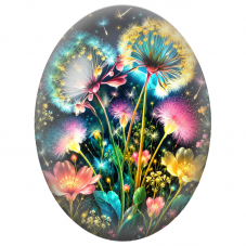 Cabochon en Verre Illustré Pissenlits et Fleurs Scintillantes 13x18, 18x25 ou 30x40mm - Pour la Création de Bijoux Fantaisie