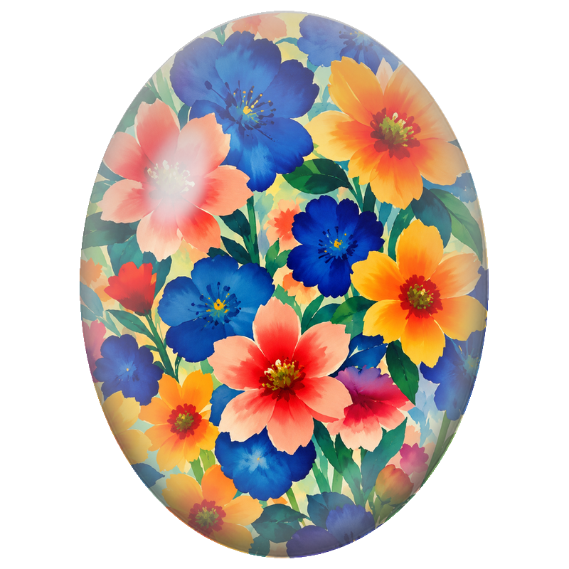 Cabochon en Verre Illustré Fleurs Bleues Corail et Orange 13x18, 18x25 ou 30x40mm
