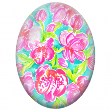 Cabochon en Verre Illustré Fleurs Roses sur Fond Turquoise 13x18, 18x25 ou 30x40mm - Pour la Création de Bijoux Fantaisie - DIY