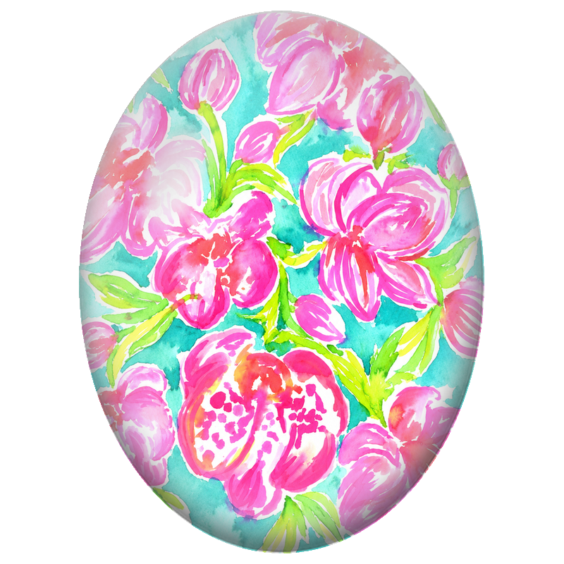 Cabochon en Verre Illustré Fleurs Roses sur Fond Turquoise 13x18, 18x25 ou 30x40mm