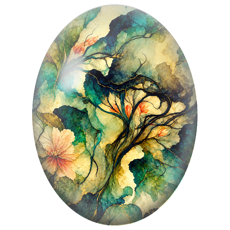 Cabochon en Verre Illustré Branches Noires et Fleurs Pêche à l’Encre 13x18, 18x25 ou 30x40mm