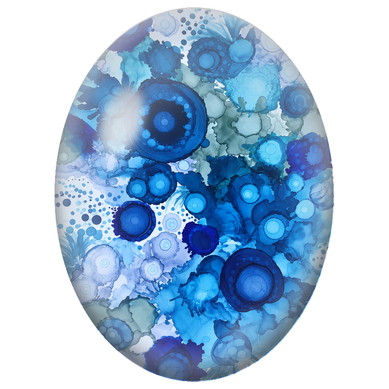 Cabochon en Verre Illustré Fleurs Circulaires Bleues à l’Encre 13x18, 18x25 ou 30x40mm