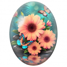 Cabochon en Verre Illustré Fleurs Pêche et Papillons au Bord de l’Eau 13x18, 18x25 ou 30x40mm - Pour la Création de Bijoux