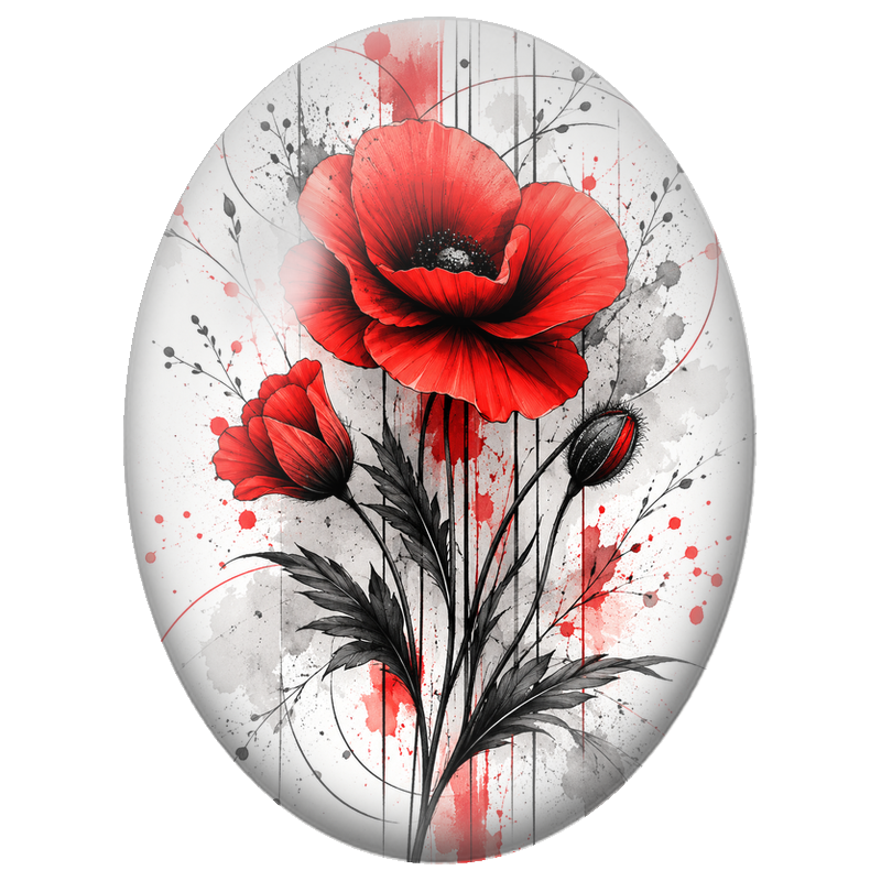 Cabochon en Verre Illustré Coquelicot Rouge et Éclaboussures 13x18, 18x25 ou 30x40mm