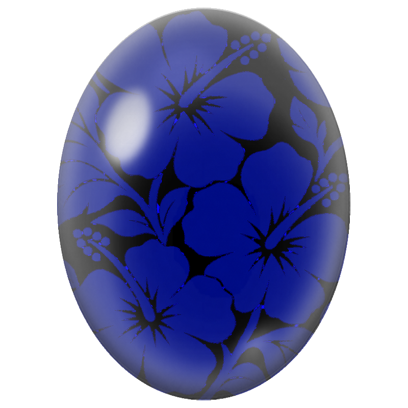 Cabochon en Verre Illustré Hibiscus Bleus sur Fond Noir 13x18, 18x25 ou 30x40mm