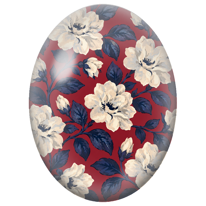 Cabochon en Verre Illustré Fleurs Ivoire et Feuillage Bleu Nuit 13x18, 18x25 ou 30x40mm