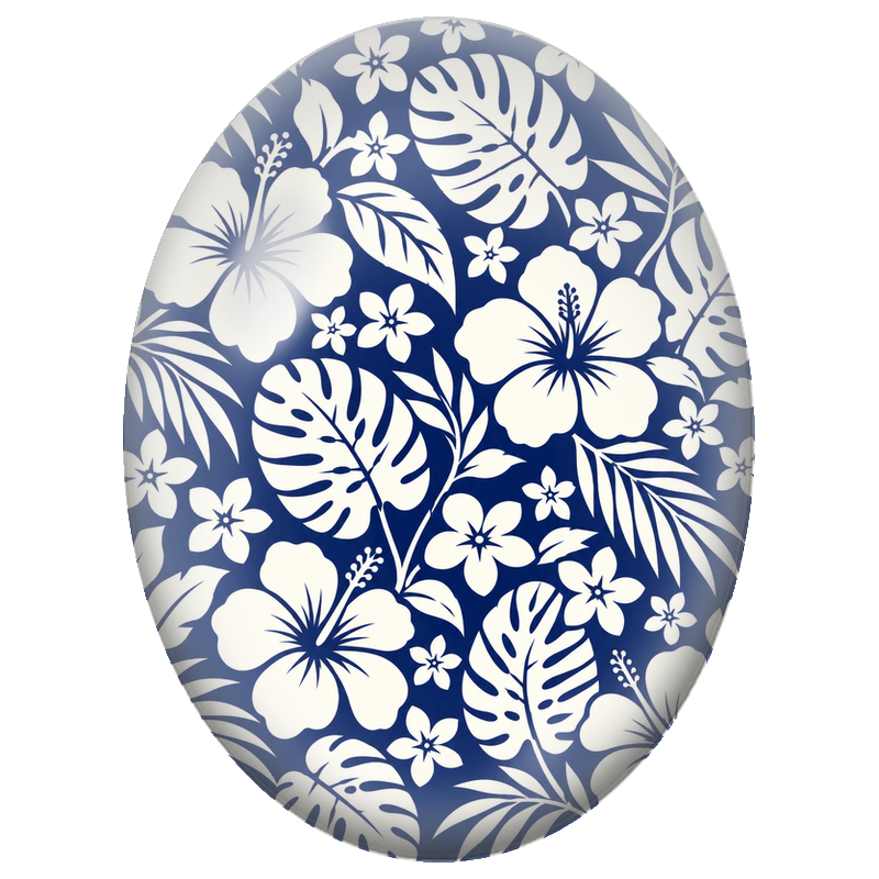 Cabochon en Verre Illustré Hibiscus Blancs et Feuillage Tropical Bleu 13x18, 18x25 ou 30x40mm