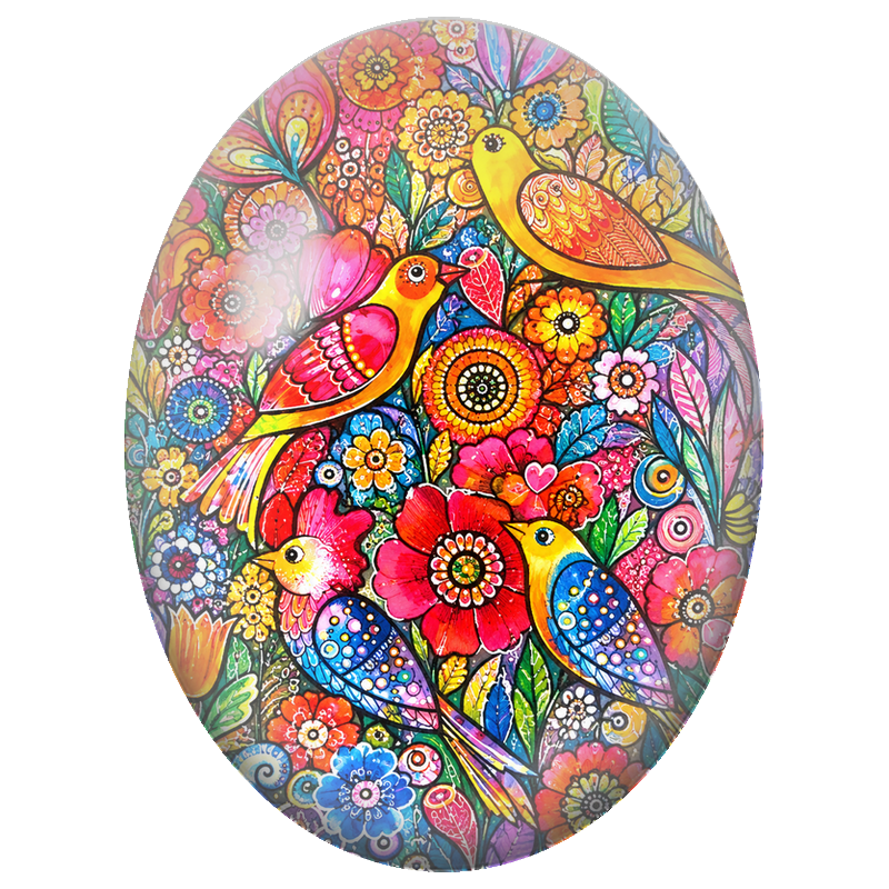 Cabochon en Verre Illustré Oiseaux Colorés dans un Jardin Foisonnant 13x18, 18x25 ou 30x40mm