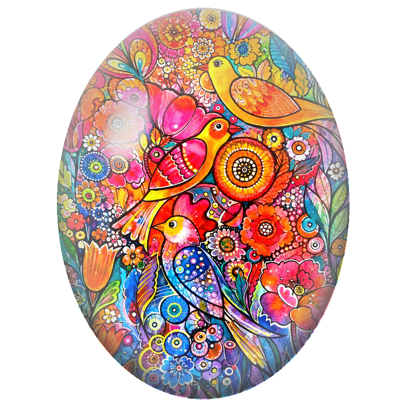 Cabochon en Verre Illustré Oiseaux et Coq dans un Jardin Fantaisie 13x18, 18x25 ou 30x40mm